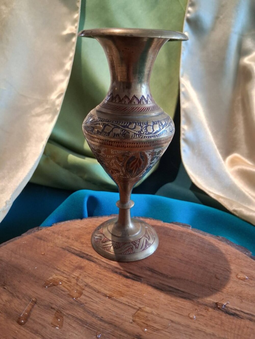 Vintage Etched Brass & Enamel Footed Bud Vase